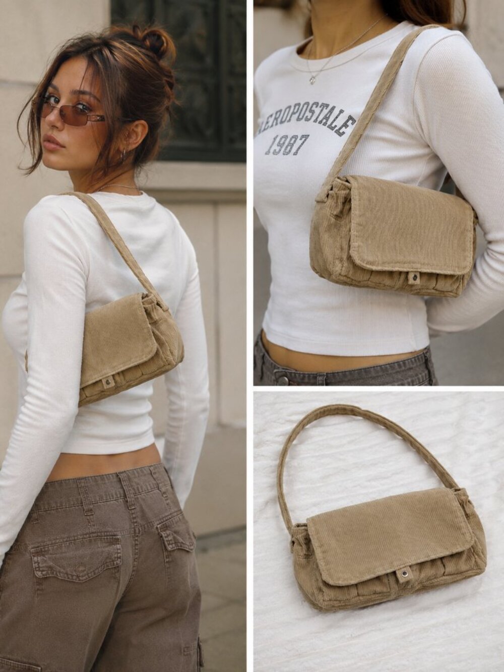 Aeropostale Vintage Y2K Tan Corduroy Mini Shoulder Bag